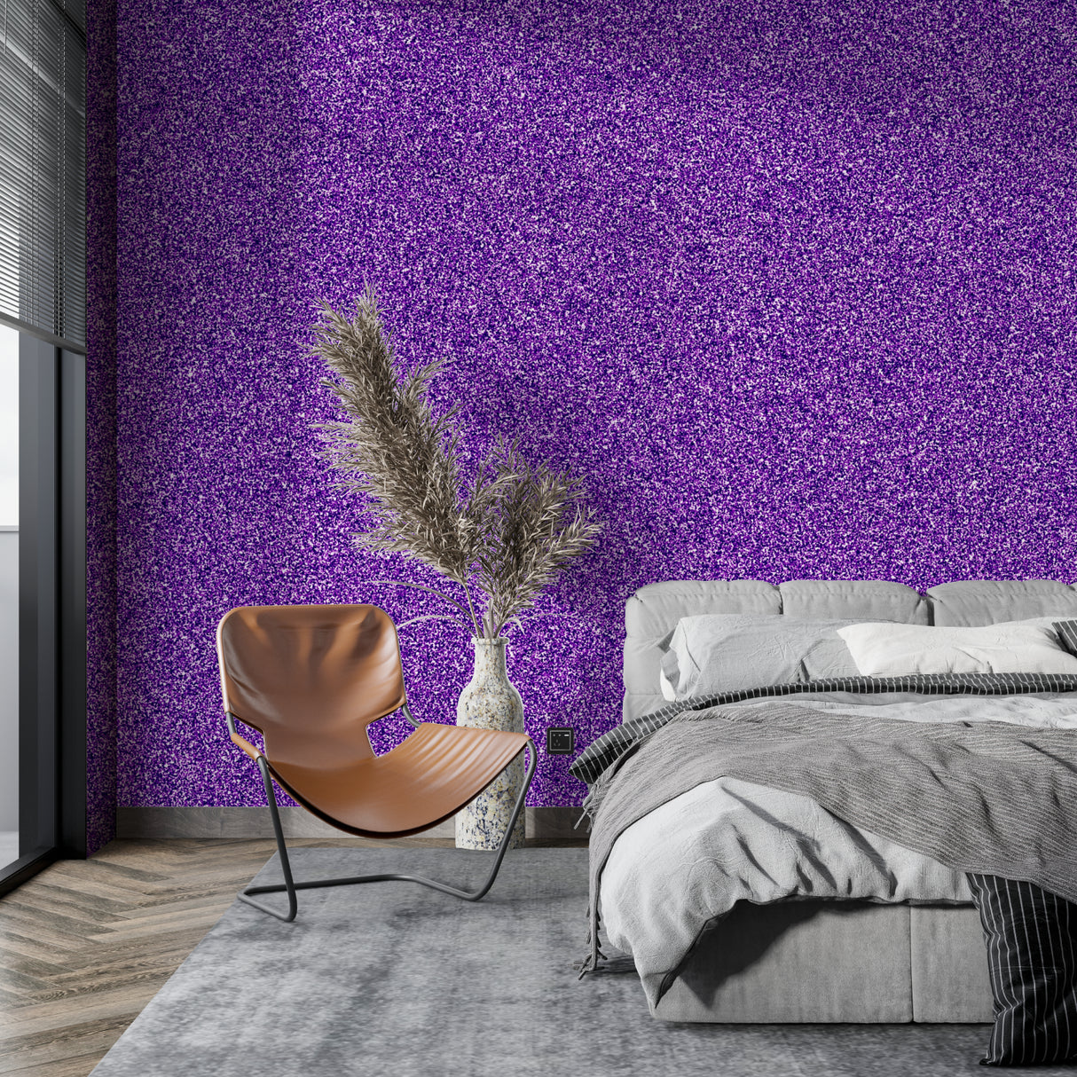 Powder room showcasing purple shimmer wallpaper with ambient lighting effects