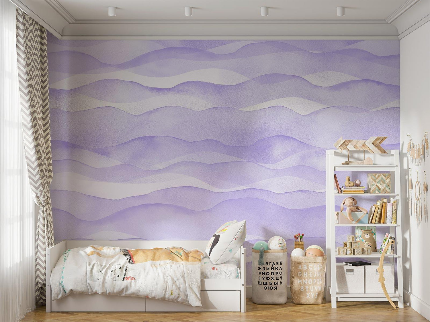 Watercolor wave mural adding movement to a child's playroom, purple tones complementing natural light