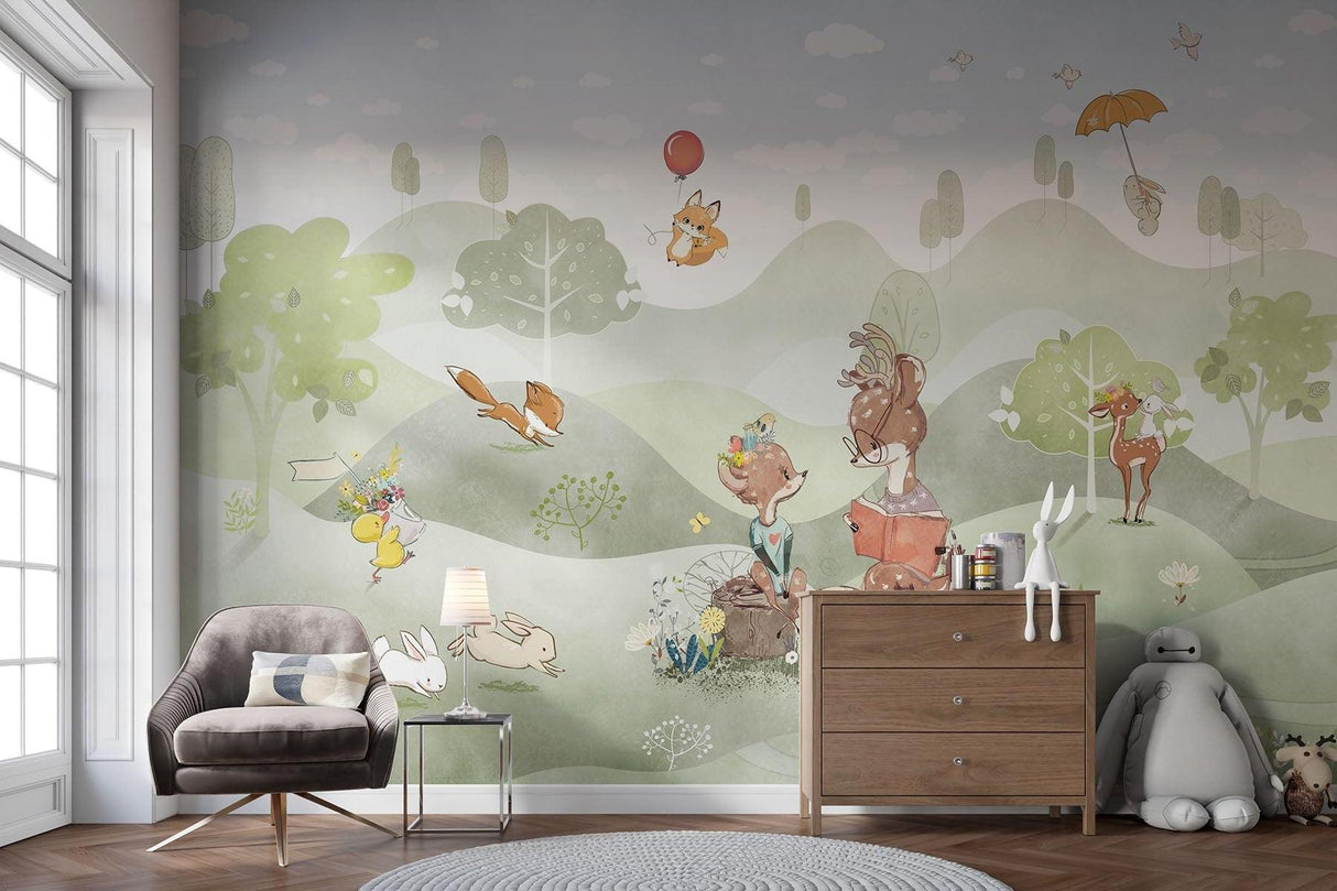 Forest Animals Mural Wallpaper | Whimsical Woodland Adventure Scene
