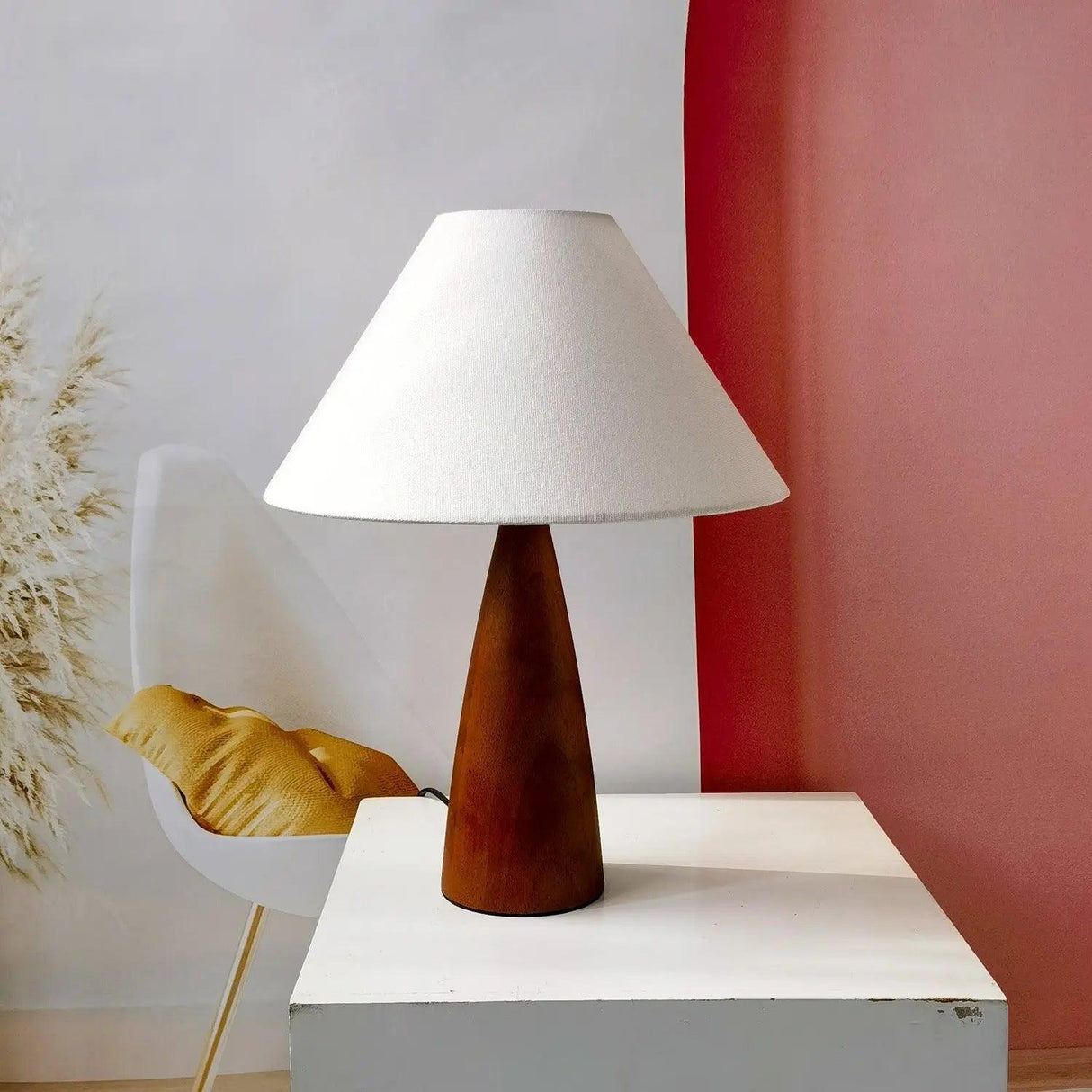 Retro Solid Wood Table Lamp Conical Shade With Stitched Detail - Product example