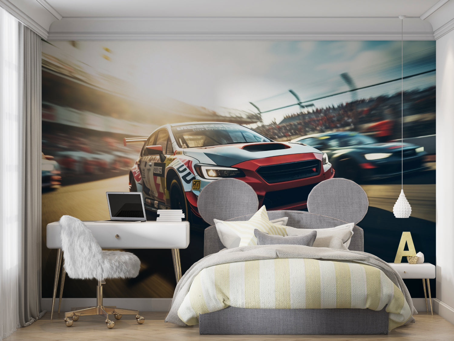 Car racing mural adding energy to a home office with red and silver accents