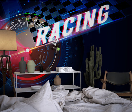 Racing car wallpaper creating dynamic atmosphere in modern teen bedroom with gaming setup