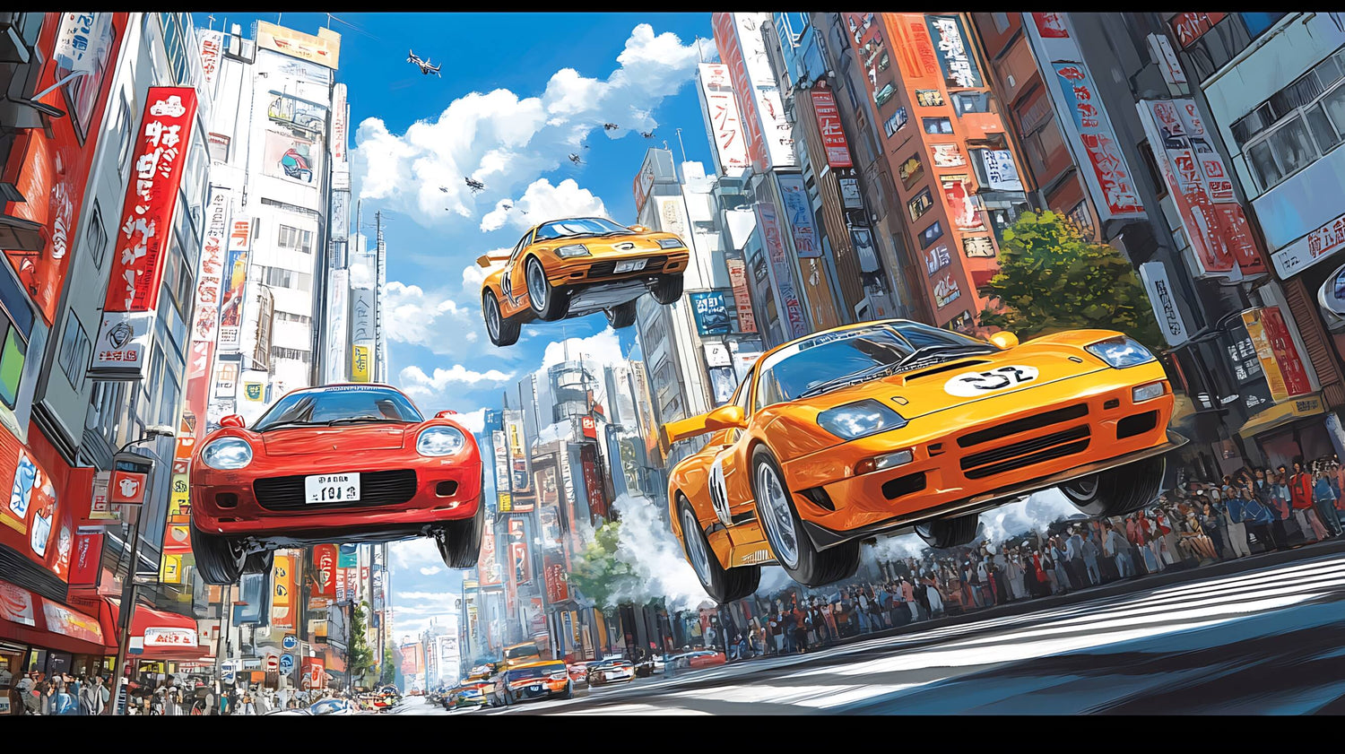 Design file showing detailed Japanese street racing pattern with sports cars and urban elements