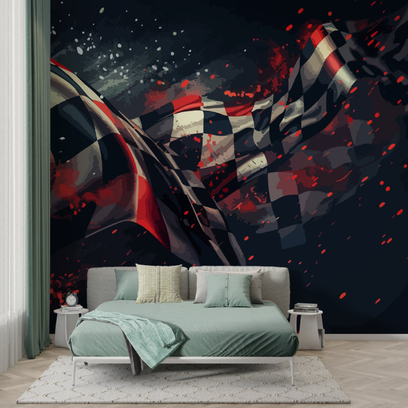 Racing flag wallpaper creating bold impact in modern teen bedroom with gaming setup
