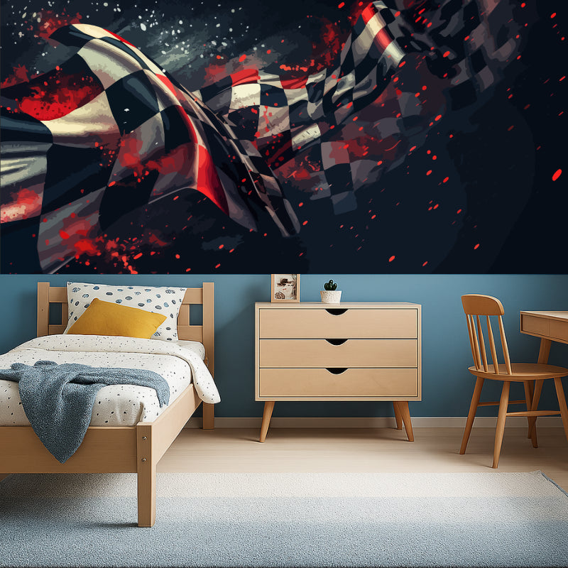 Racing theme mural wallpaper in game room with modern furniture