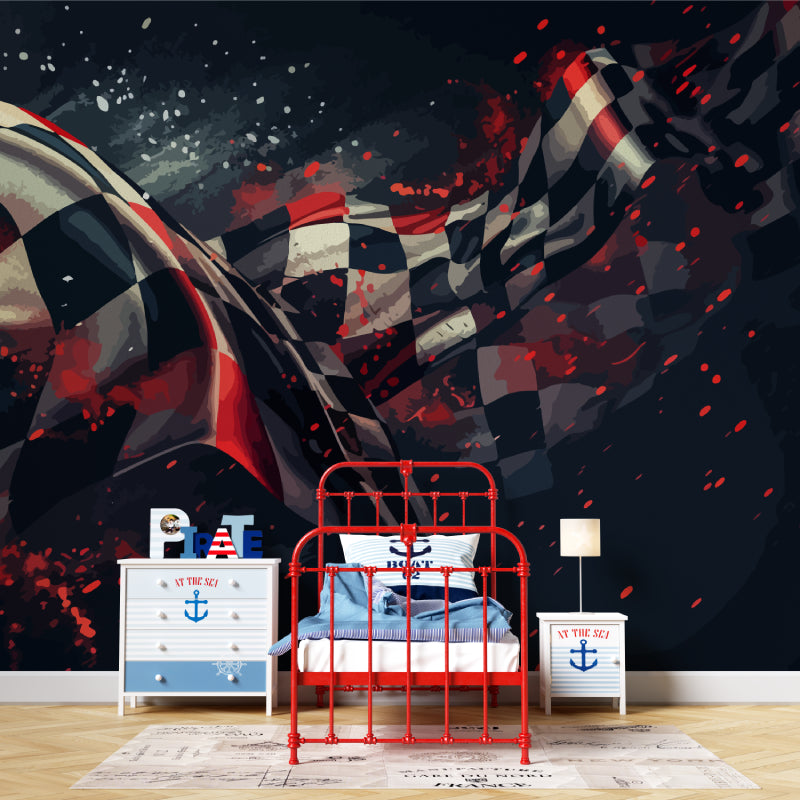 Checkered flag wallpaper making statement in home office setup