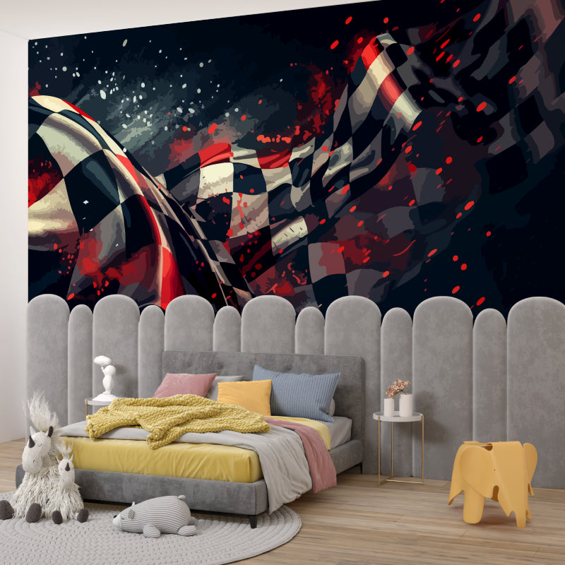 Racing mural bringing energy to entertainment room design