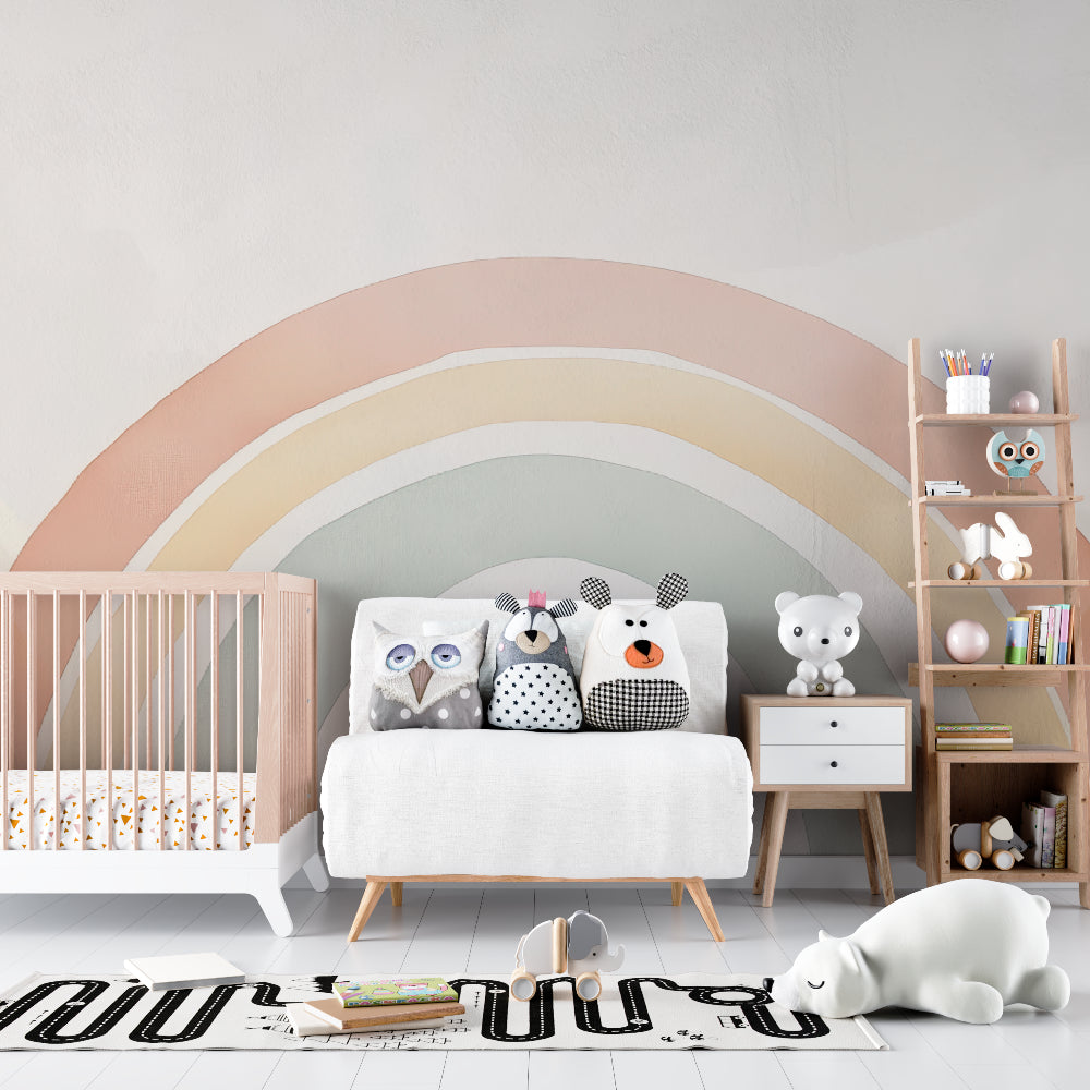Modern rainbow wall mural in kids bedroom with minimalist decor