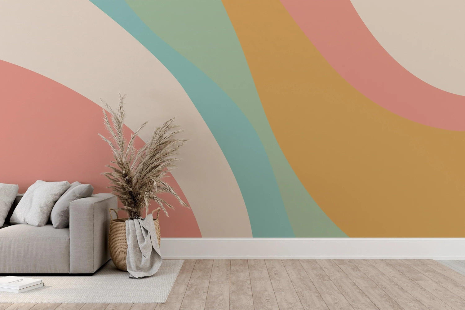 Pastel rainbow curved wallpaper adding soft movement to a bright nursery space