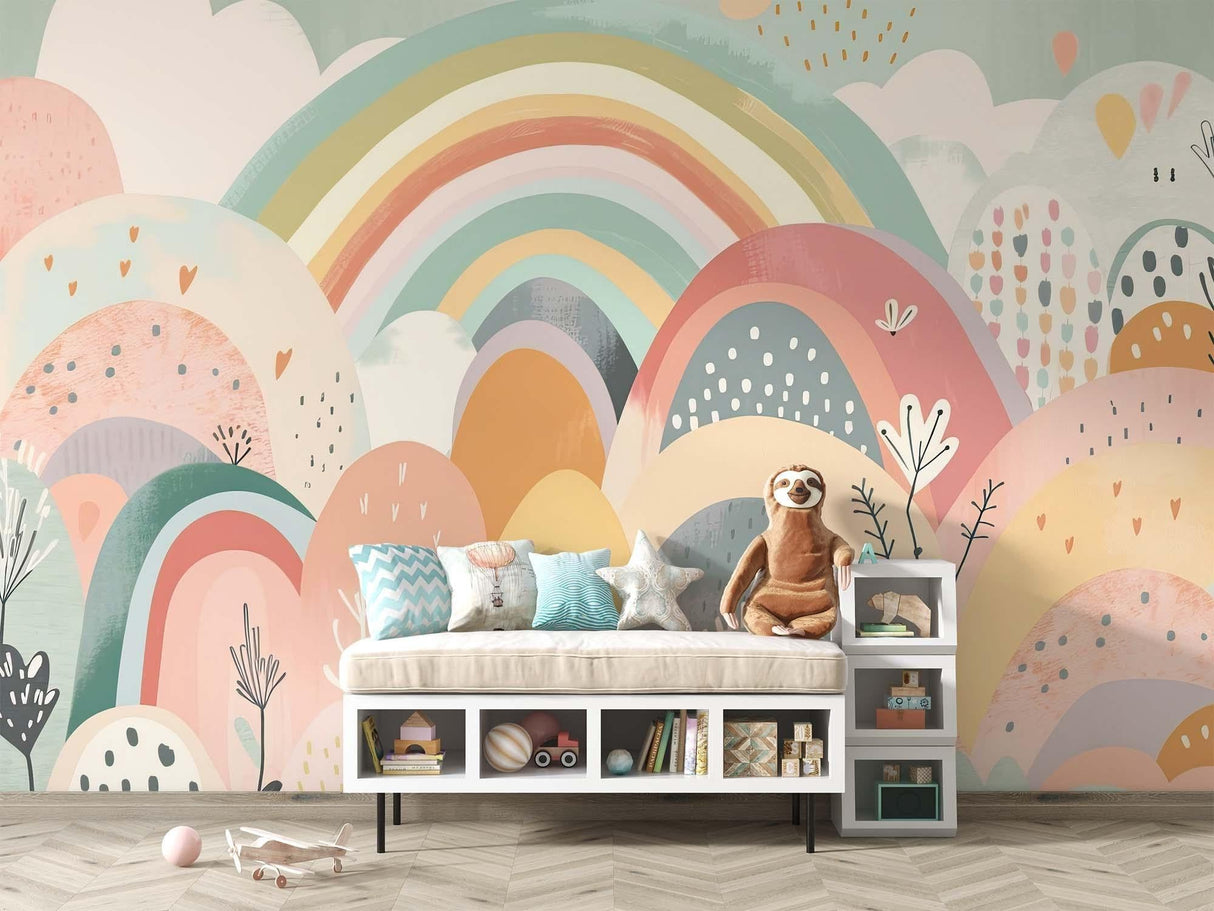 Boho rainbow wall mural brightening a child's reading nook with cozy floor cushions