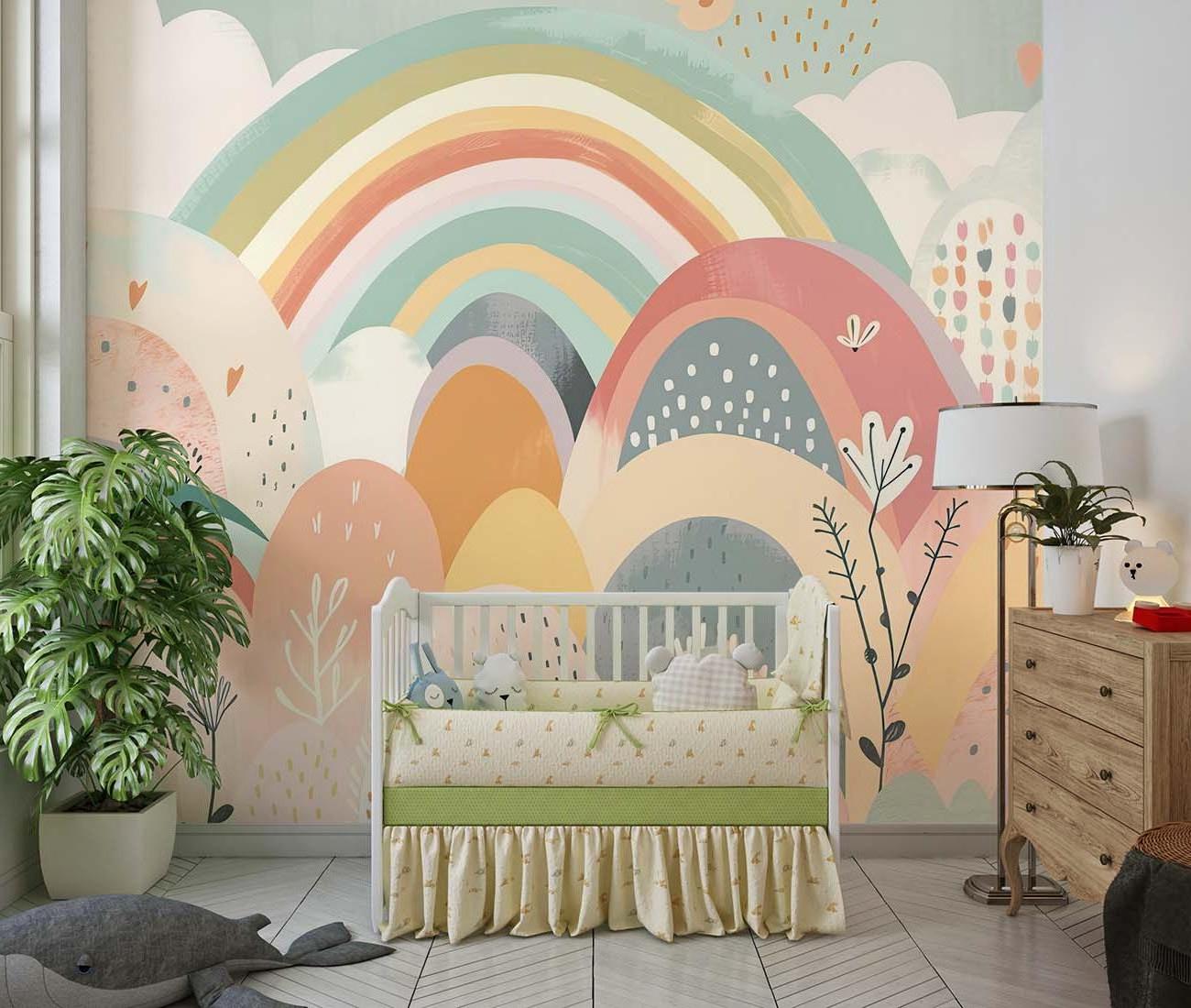 Pastel rainbow wallpaper in a minimalist playroom with wooden toys