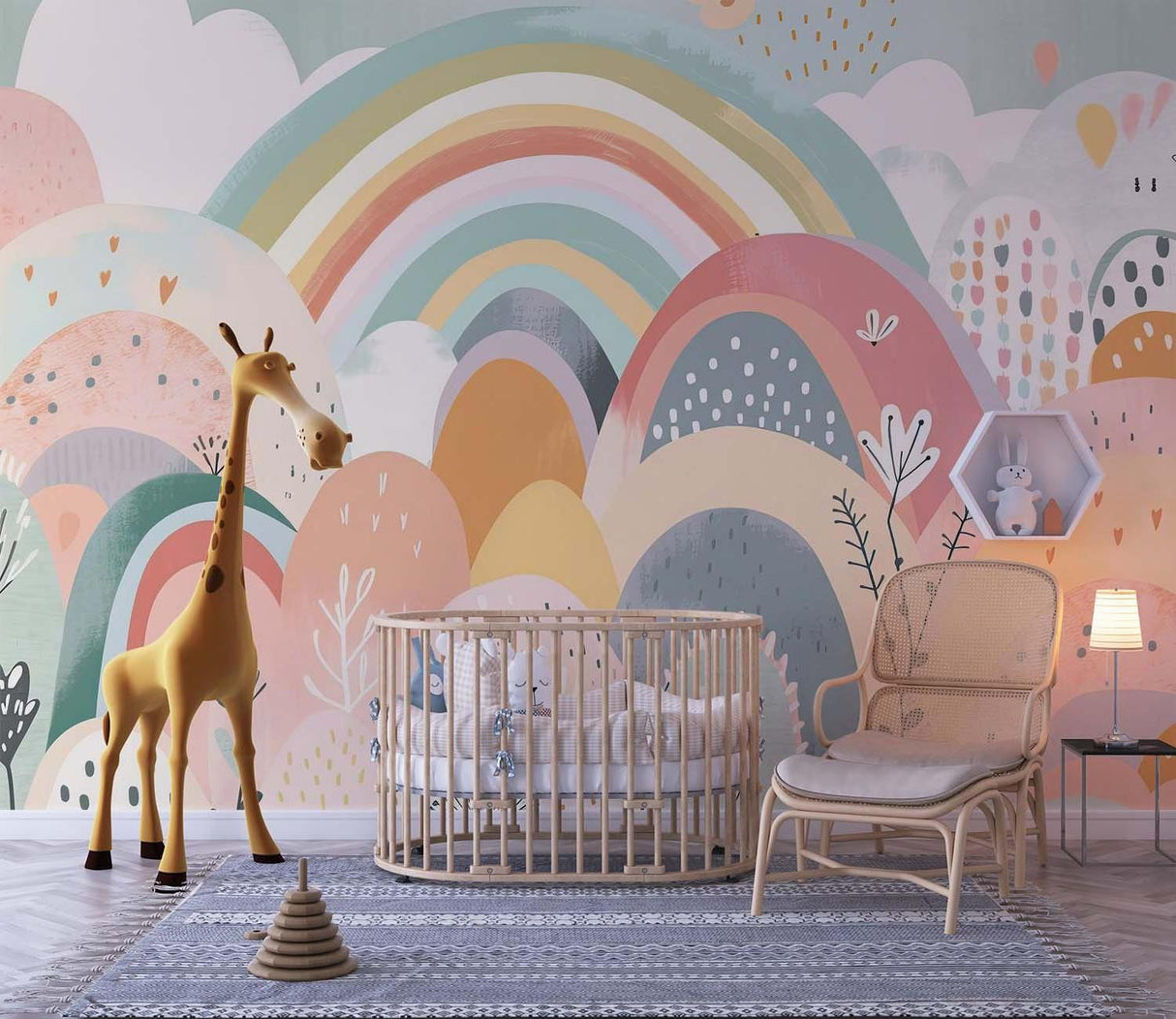Rainbow hills mural wallpaper making a small nursery feel spacious and bright