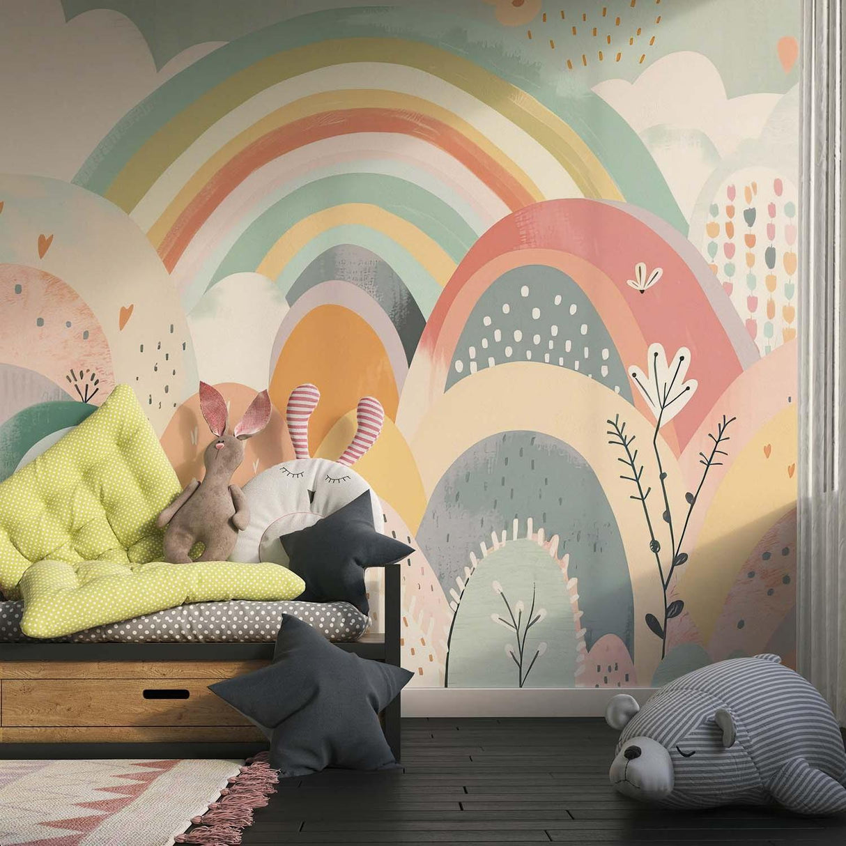 Boho rainbow wallpaper creating a calming atmosphere in a toddler's bedroom