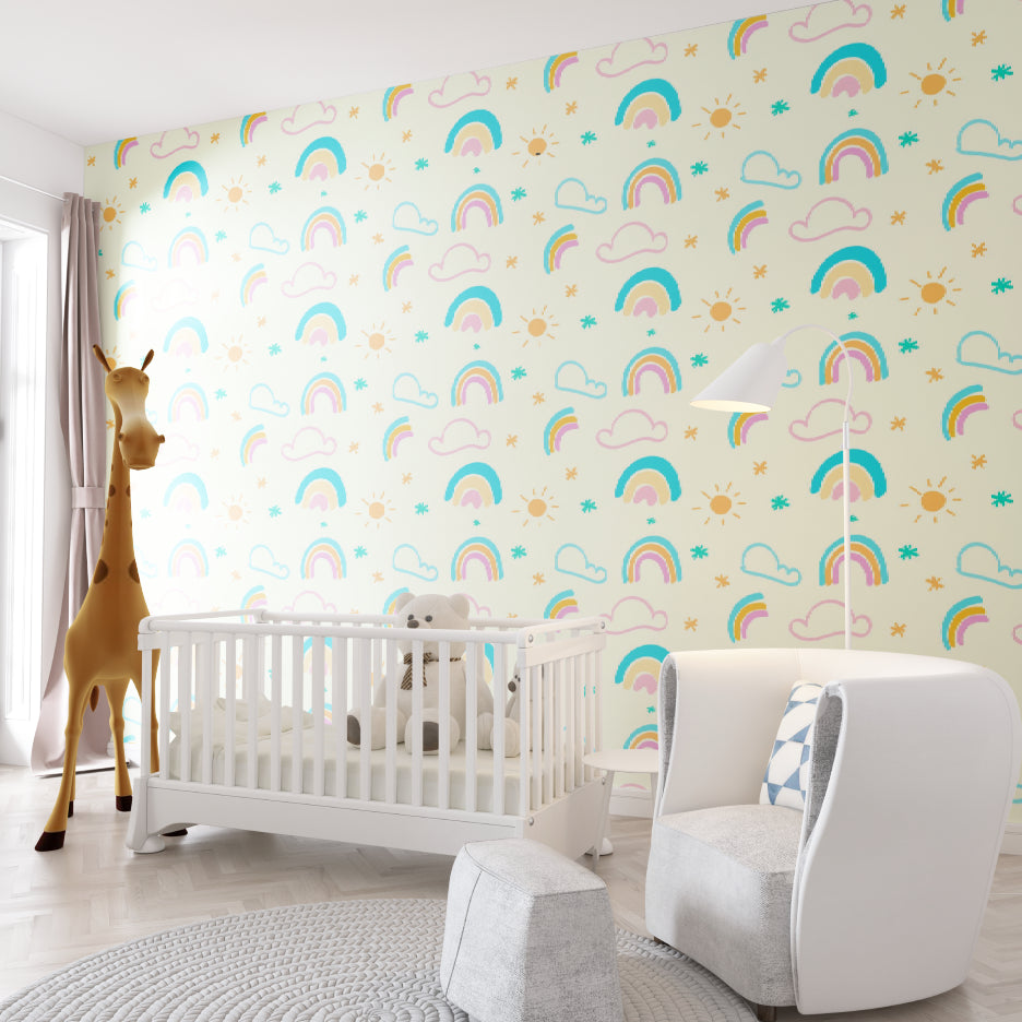 Rainbow wallpaper mockup in bright nursery with white furniture showing pastel colors and cloud pattern