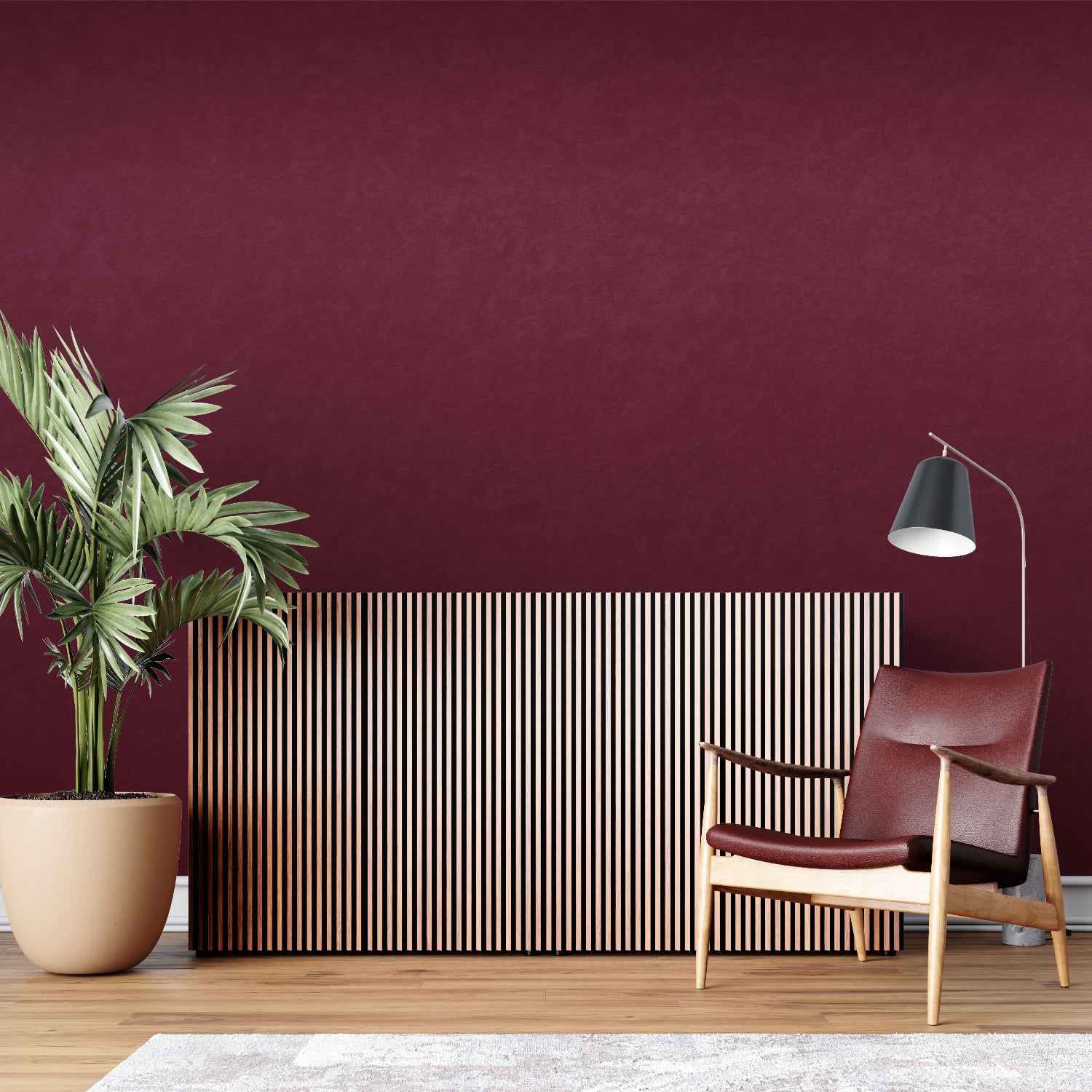 Deep burgundy wall mural in hallway with modern art and lighting