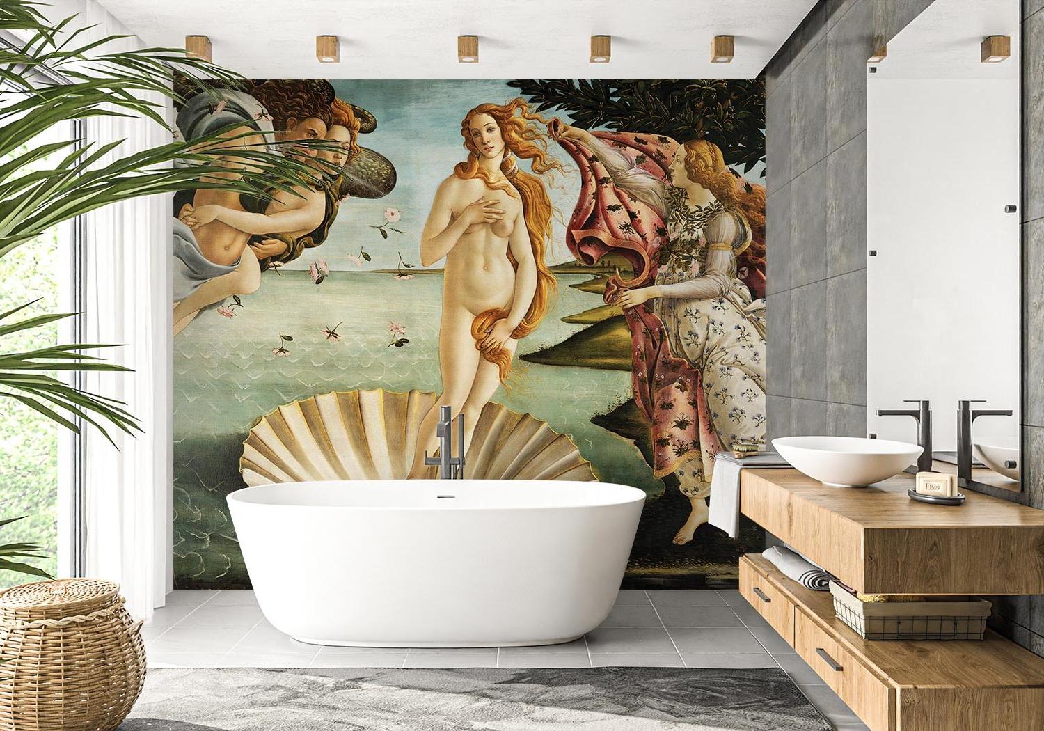 Birth of Venus Renaissance wallpaper creating a stunning focal point in a master bedroom with soft lighting