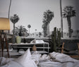 Vintage car wallpaper creating drama in modern living room with black and white Palm Springs scene