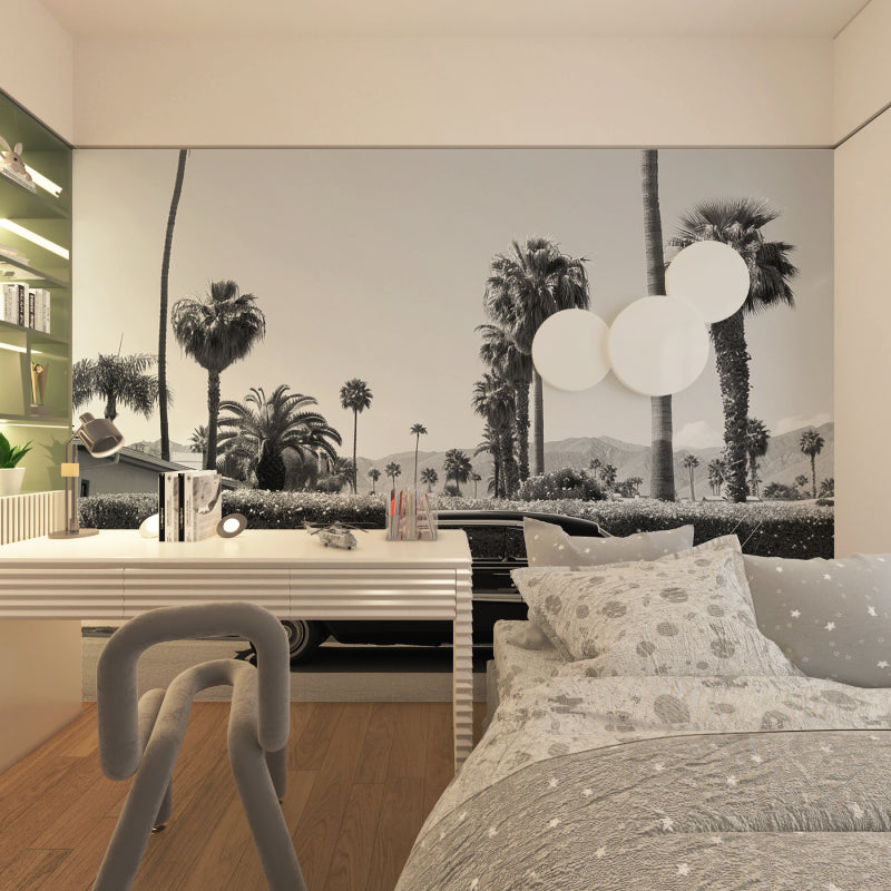 Classic car mural adding sophistication to minimalist dining room space