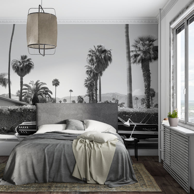 Retro car wall mural bringing Palm Springs style to master bedroom