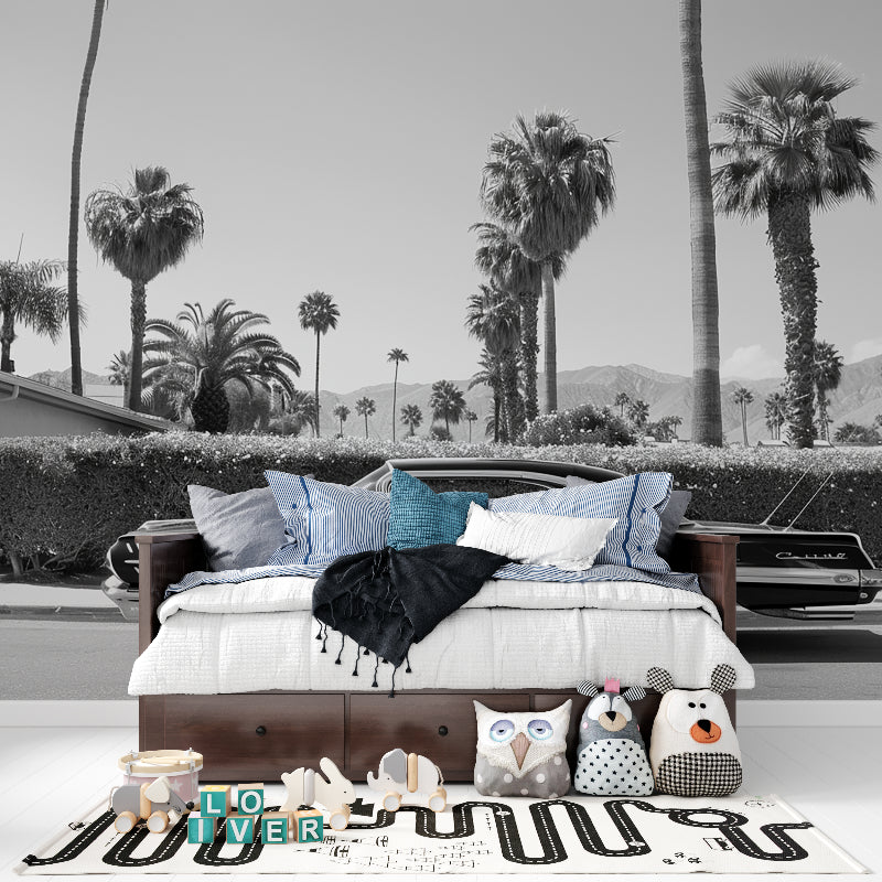 Monochrome car wallpaper transforming contemporary hallway space