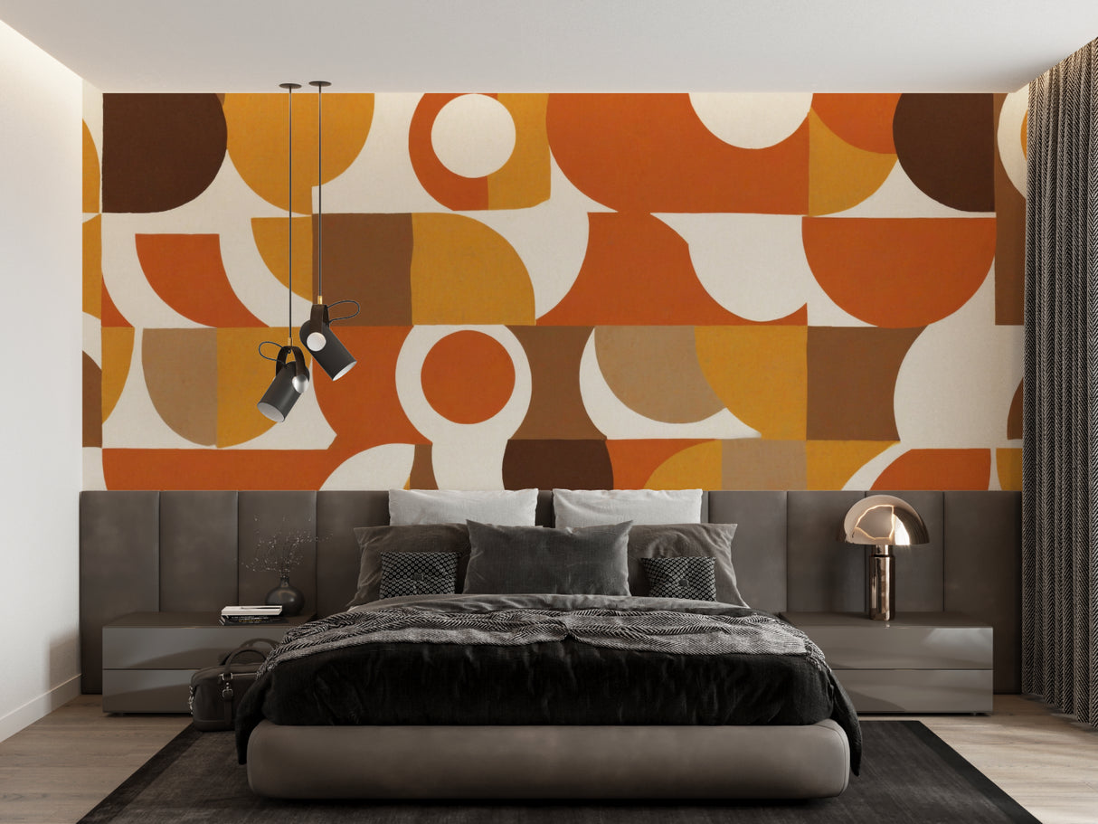 Orange and brown geometric pattern wallpaper in home office with retro desk setup