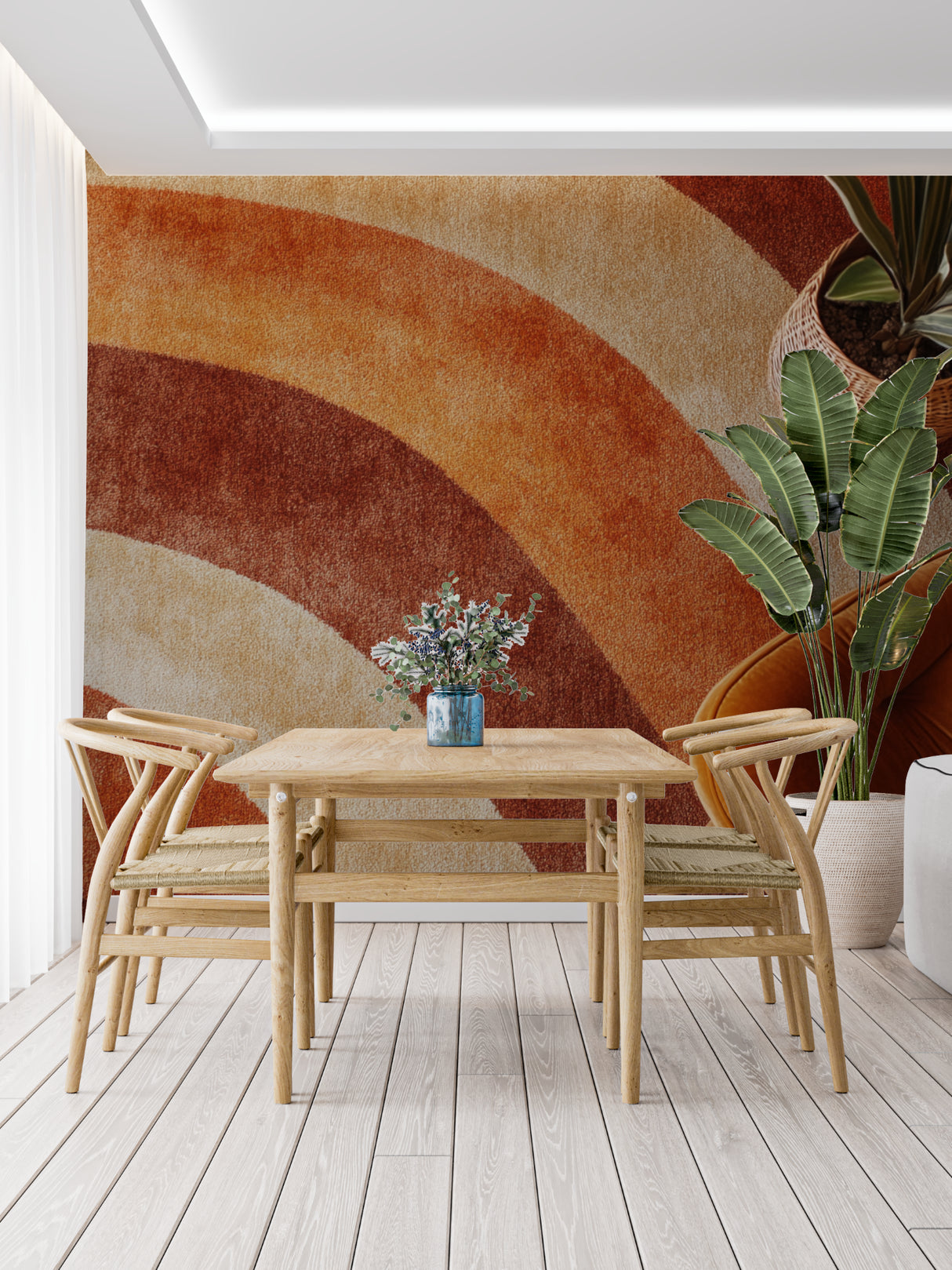 Retro curved stripe wallpaper in terracotta tones creating warm atmosphere in modern living room