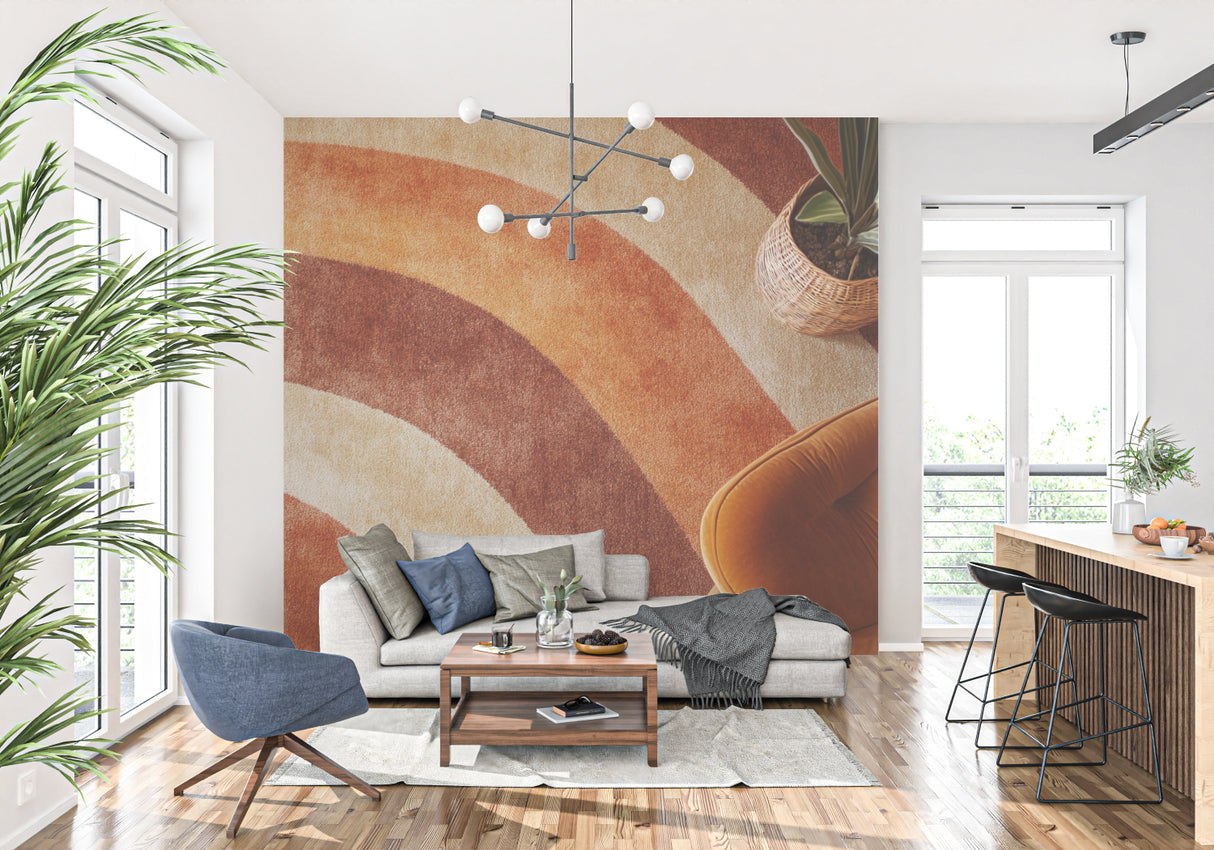 Terracotta stripe wall mural adding movement to contemporary dining space