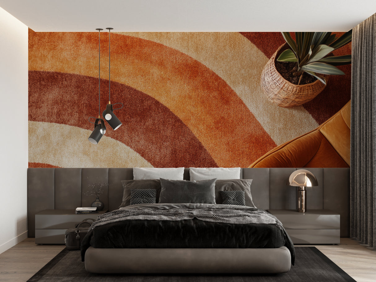 70s inspired curved stripe wallpaper making statement in home office