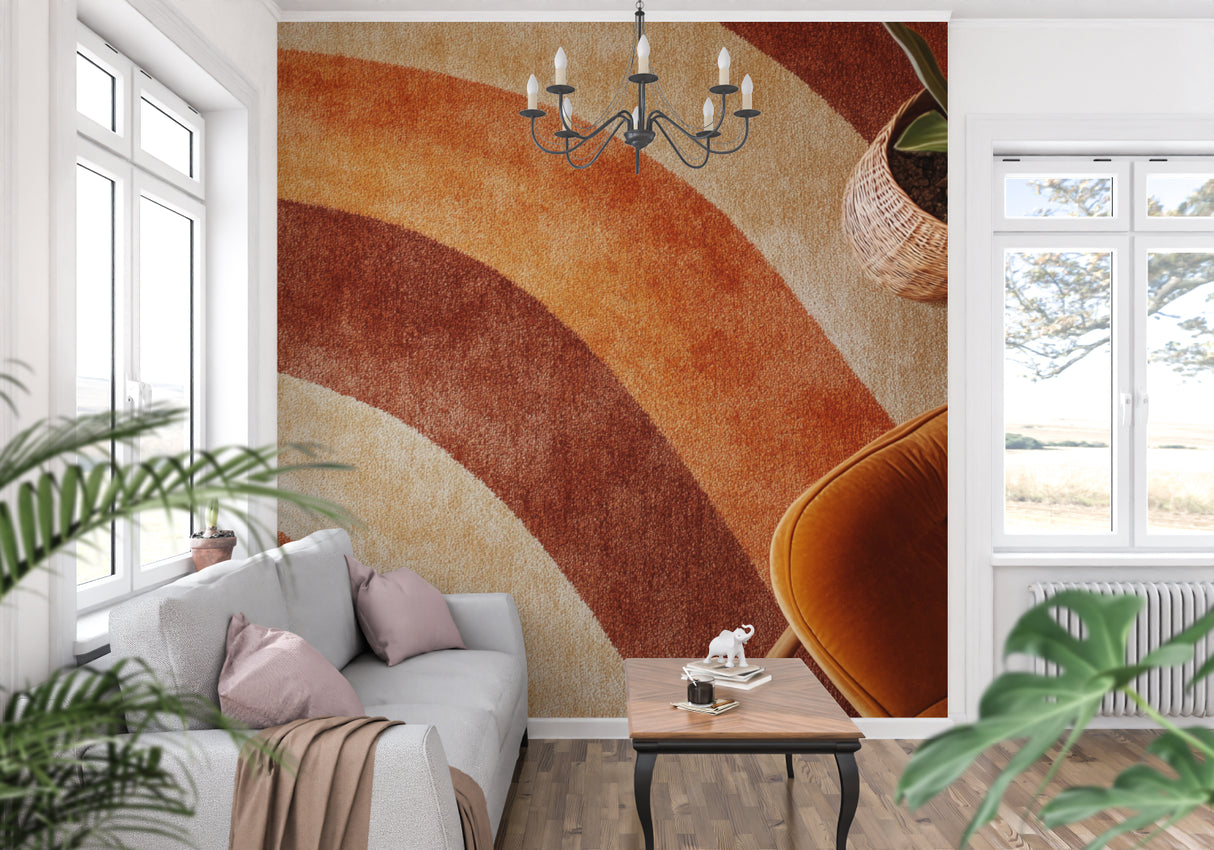 Retro terracotta wallpaper bringing warmth to minimalist bedroom