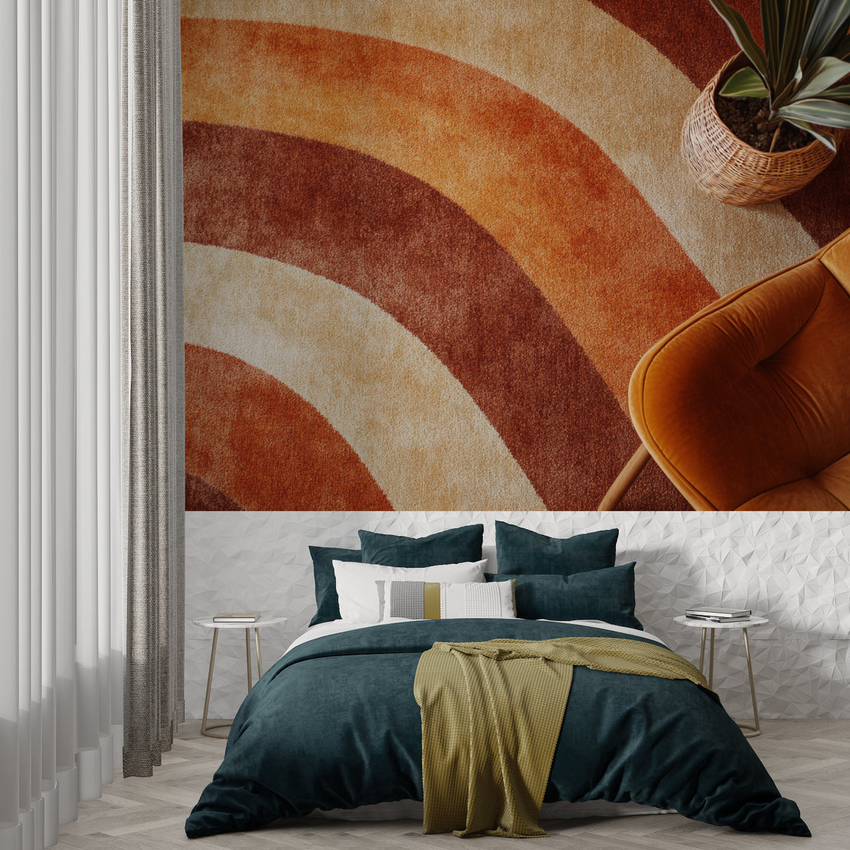 Curved stripe mural enhancing hallway with organic flow and movement