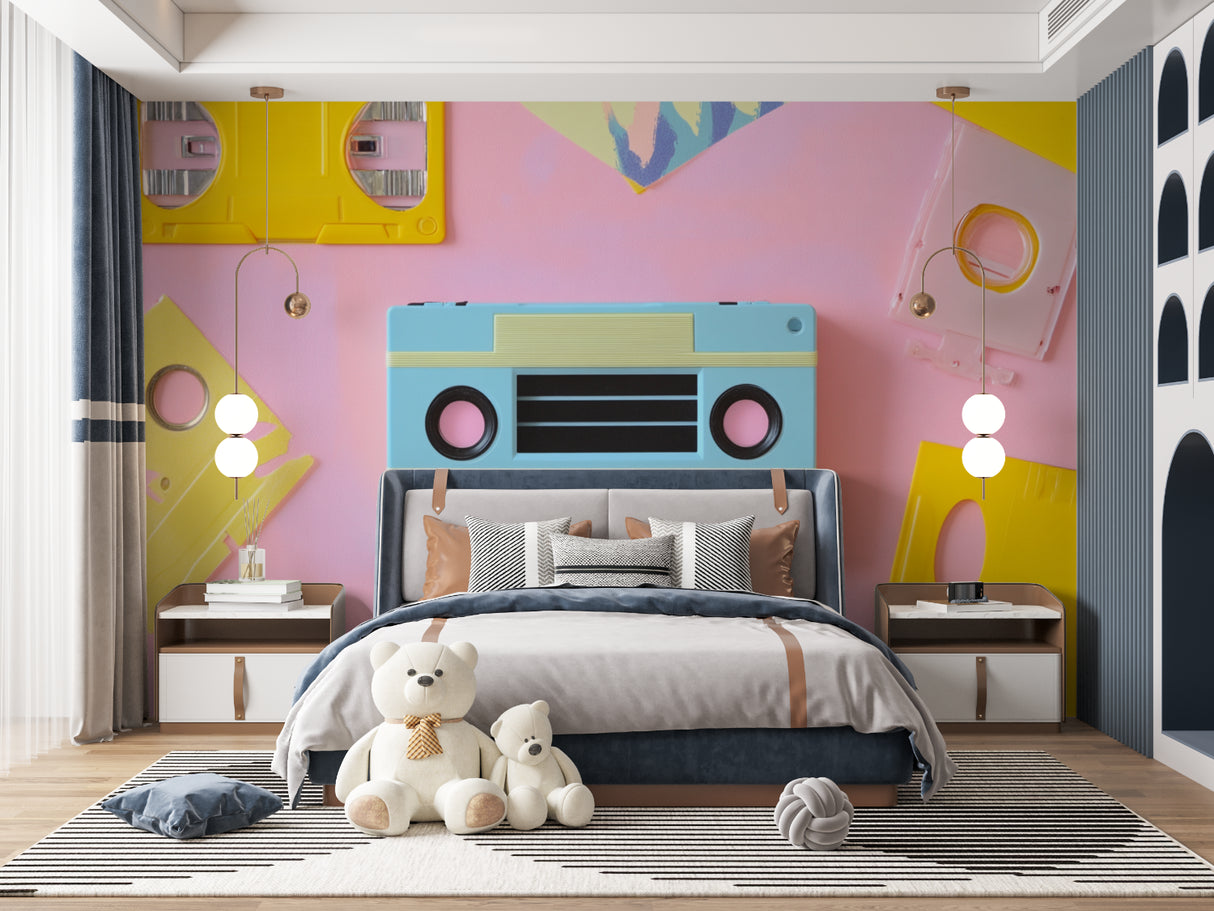 Retro music wallpaper with cassette design in a modern teen bedroom, showing scale and impact