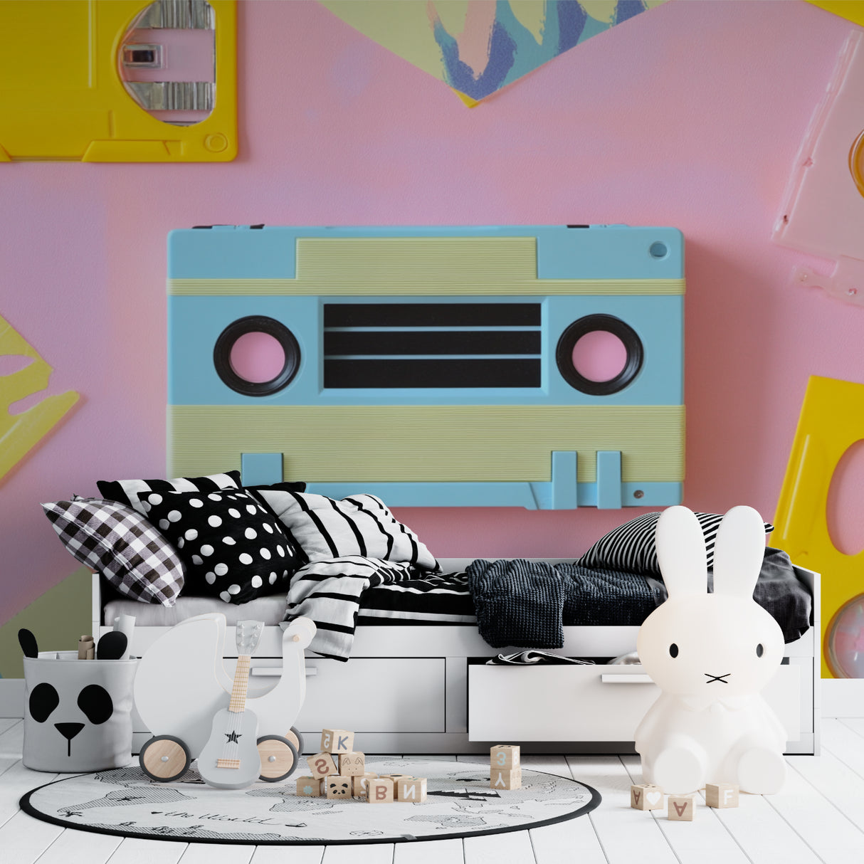 90s cassette tape wallpaper creating a fun atmosphere in a home studio space