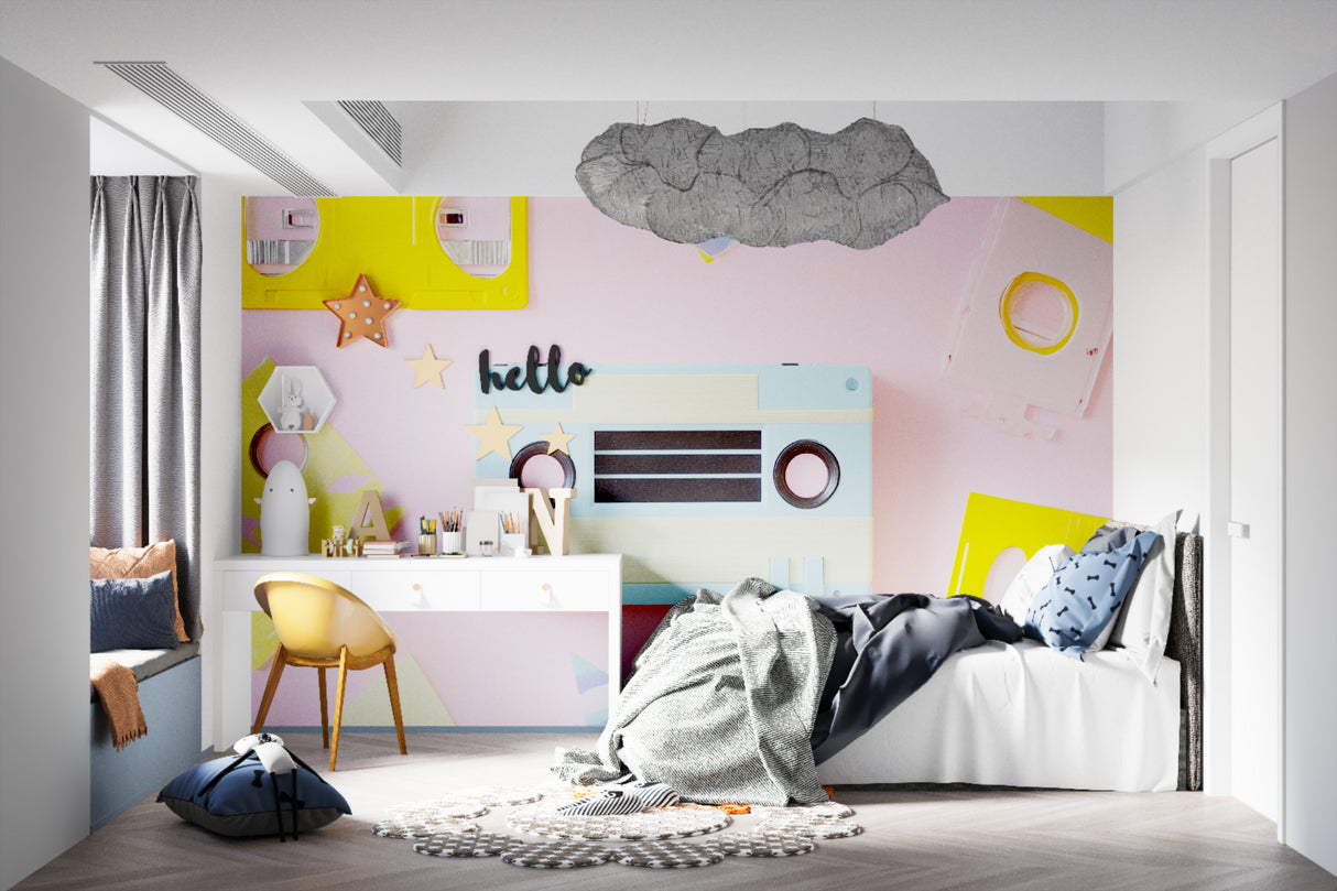 Vintage music wallpaper featured in a cool gaming room setting