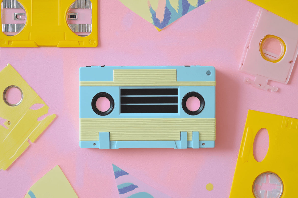 Retro music wallpaper design file showing full cassette tape pattern and colors