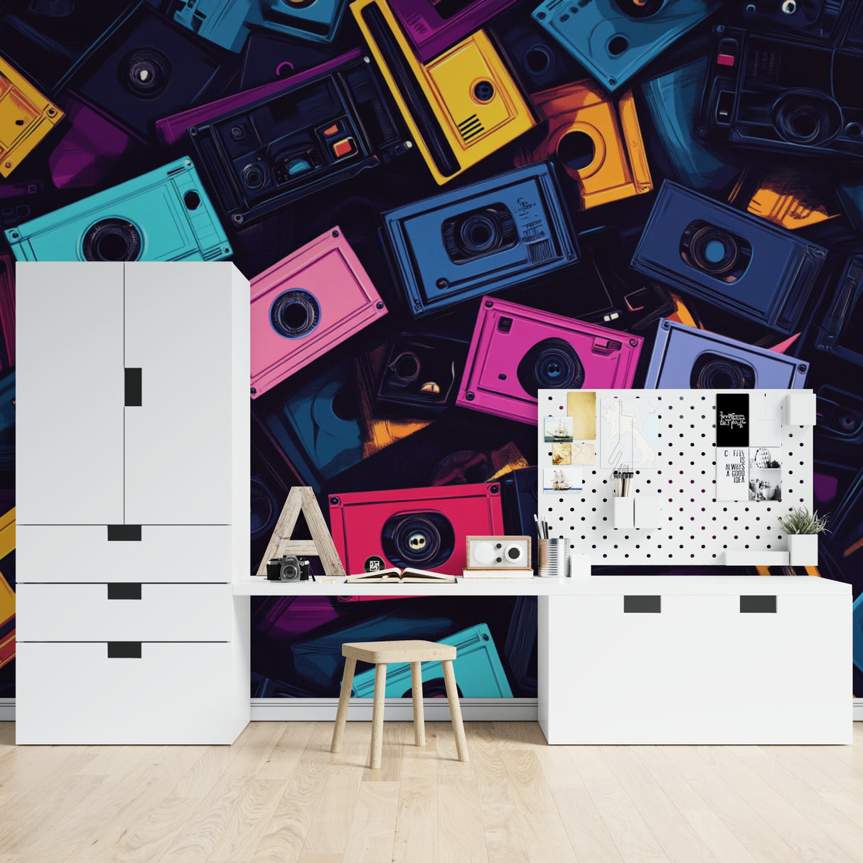 Vintage cassette tape wallpaper creates fun atmosphere in teen bedroom