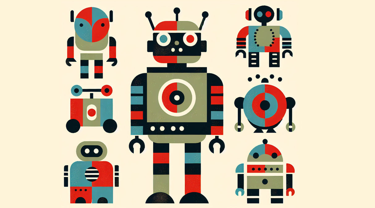 Geometric robot wallpaper design file showing detailed retro gaming pattern and bold color scheme