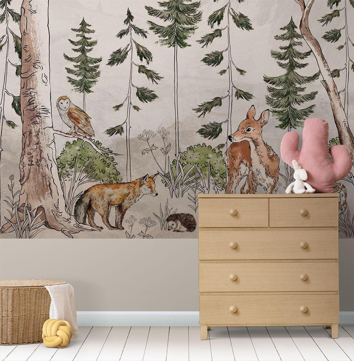 Forest Animals Mural Wallpaper | Watercolor Woodland Scene