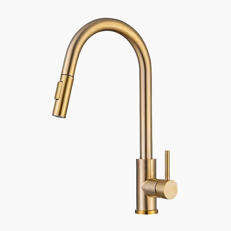 Pull-Down Kitchen Faucet Brushed Gold Swan Neck Design - Product showcase