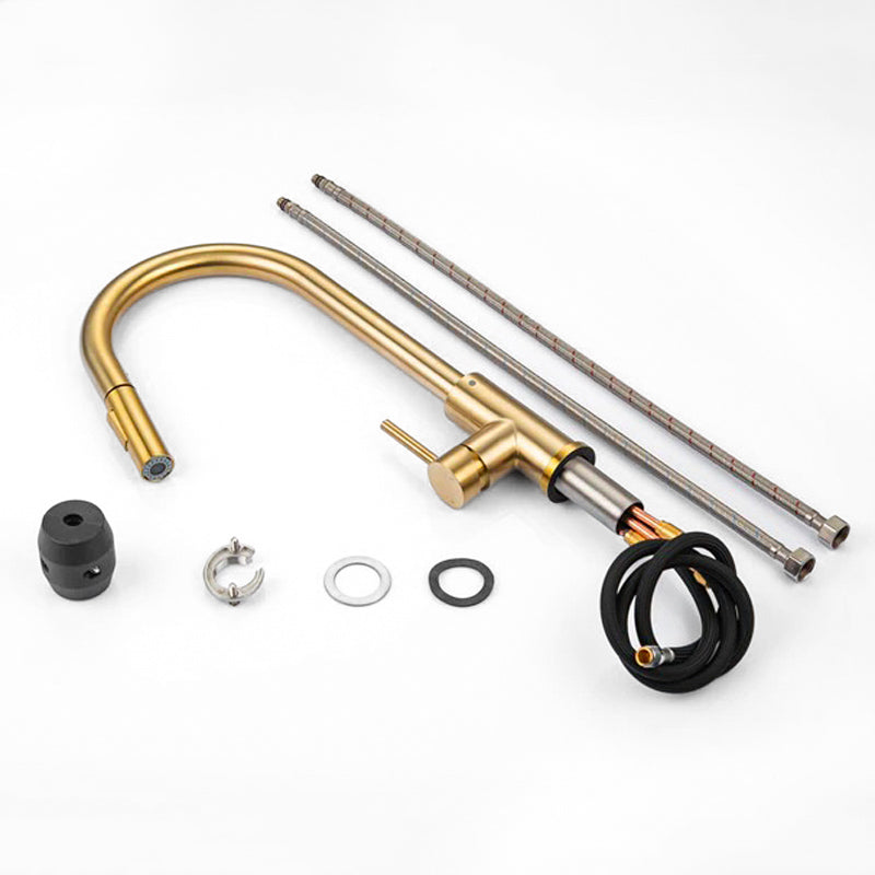 Pull-Down Kitchen Faucet Brushed Gold Swan Neck Design - Detailed view