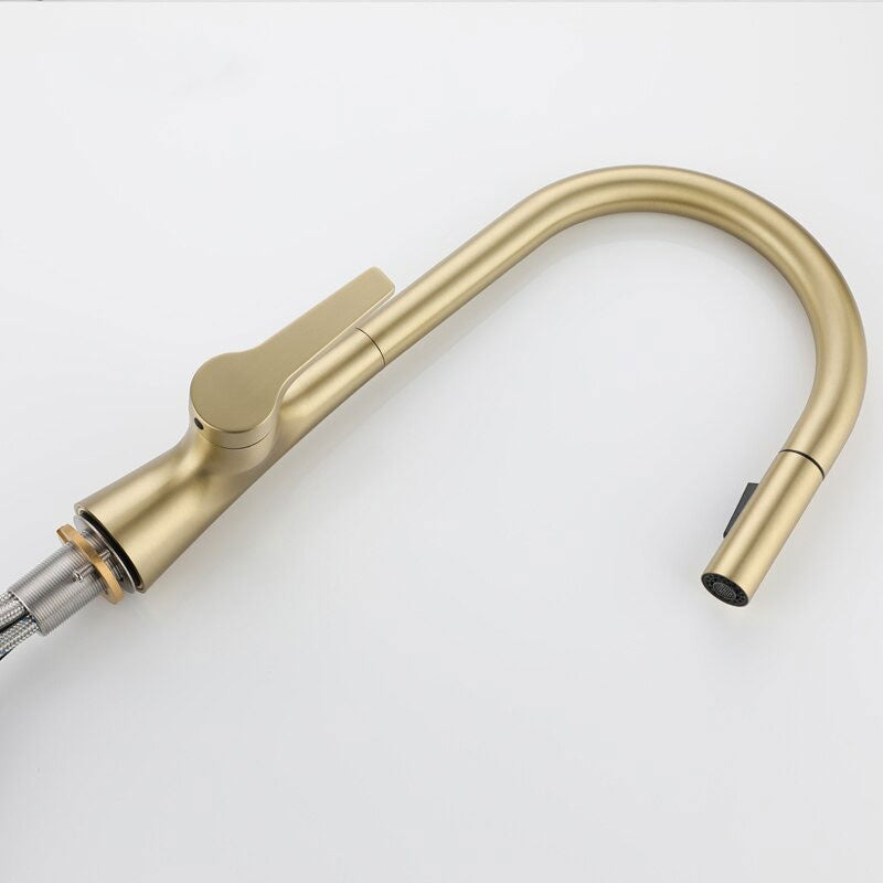 Modern Pull-Down Kitchen Faucet Brushed Gold Gooseneck Design - Detailed view