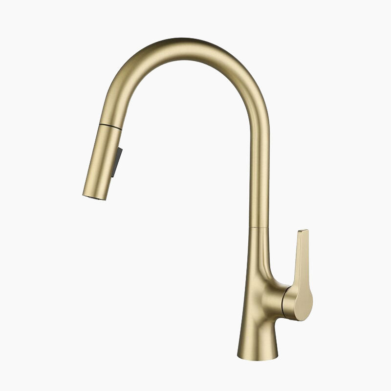 Modern Pull-Down Kitchen Faucet Brushed Gold Gooseneck Design - Product showcase