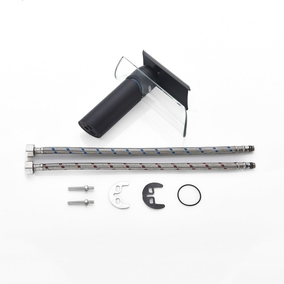 Glass Waterfall Basin Tap  Matte Black With Crystal Spout - Detailed view