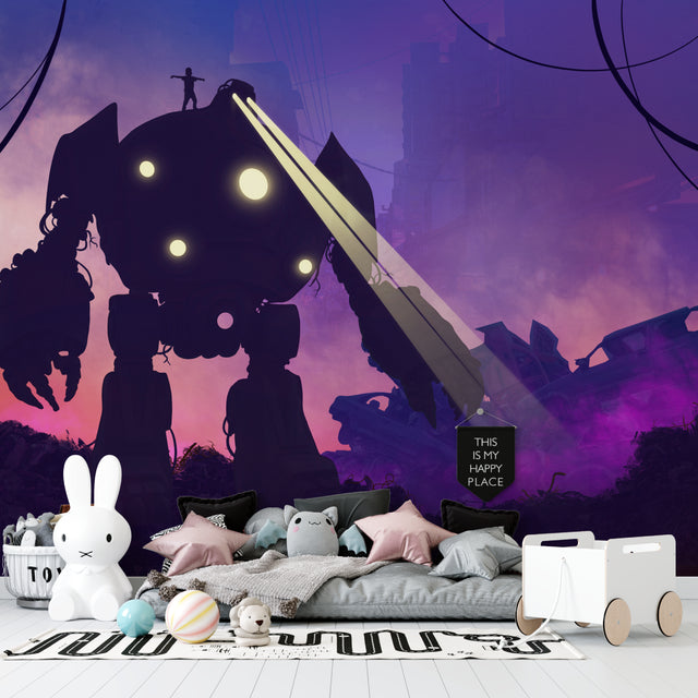 Robot wallpaper mural in modern gaming room, red ambient lighting creating tech atmosphere