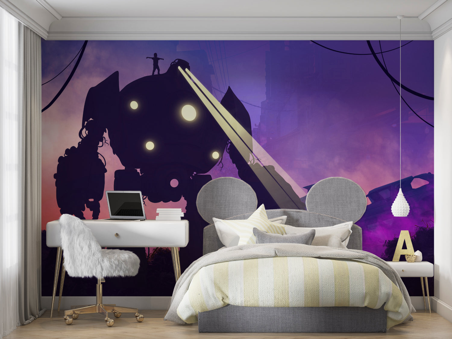 Robot tech wallpaper installed in home office, showing depth and dimension