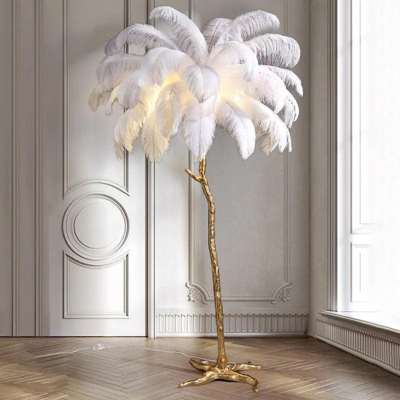 Nordic Feather Floor Lamp Pink Ostrich Plume Gold Stand - Detailed view