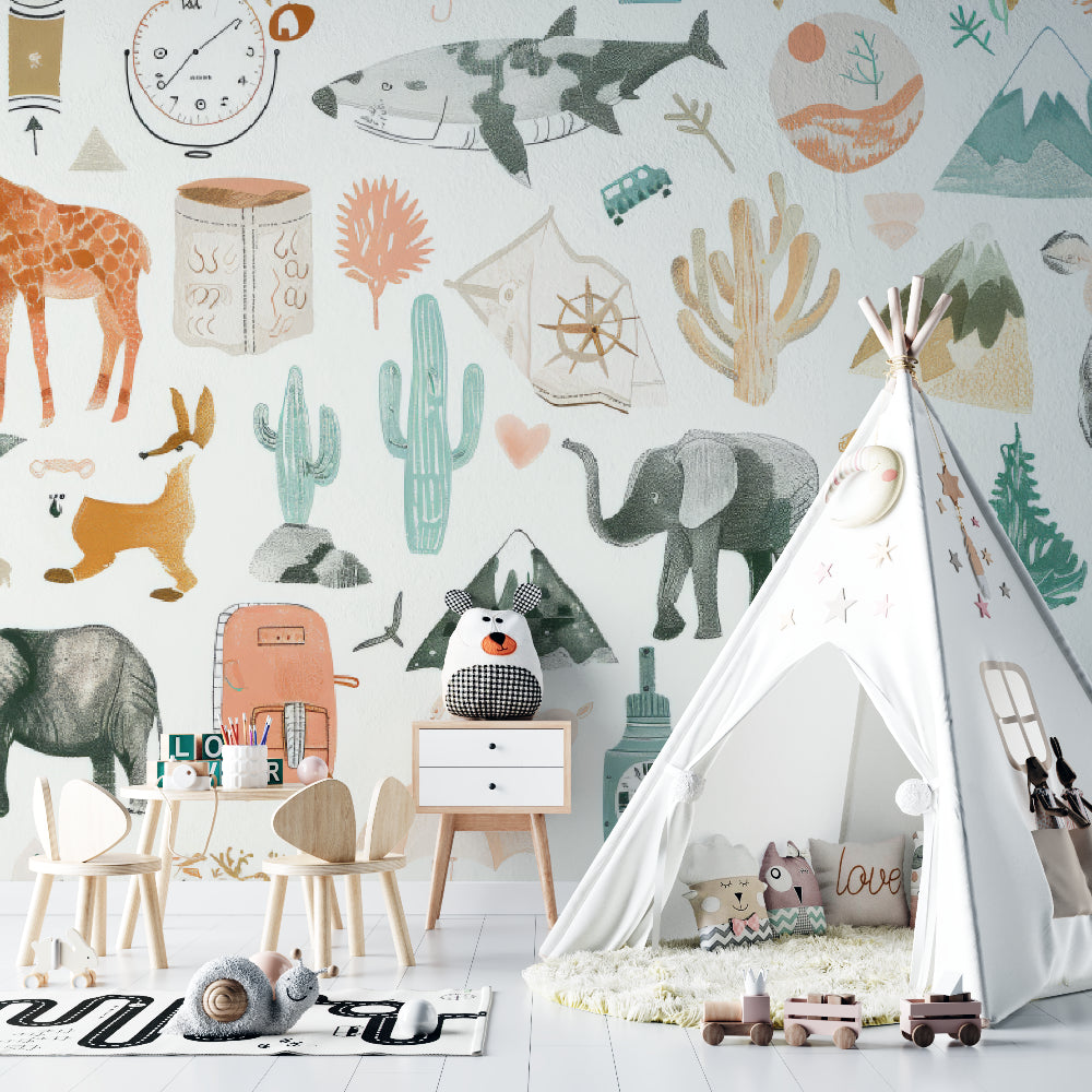 Safari Adventure Wallpaper in bright nursery with white furniture showing watercolor animals in natural light