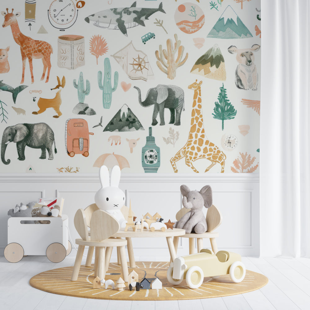 Safari Wallpaper creating focal point in modern playroom with reading nook
