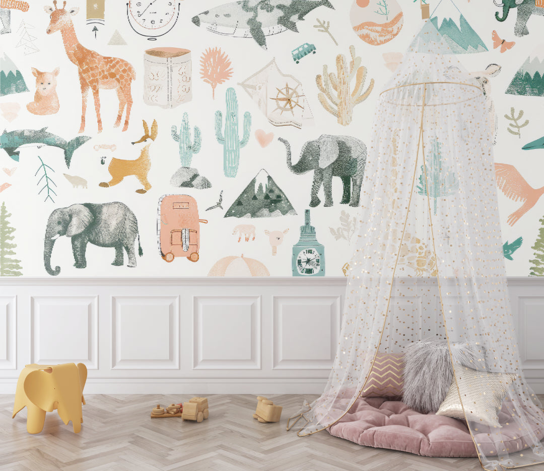 Watercolor Safari Mural in child's bedroom with minimal decor showing scale of animals