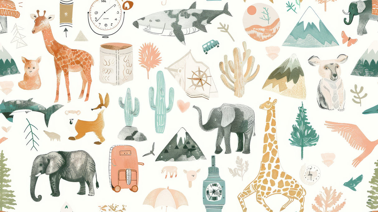 Safari Adventure design file showing full watercolor animal pattern with nature elements