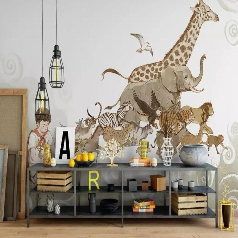 Safari Animals Wallpaper displayed in a bright nursery with natural wood furniture and soft lighting